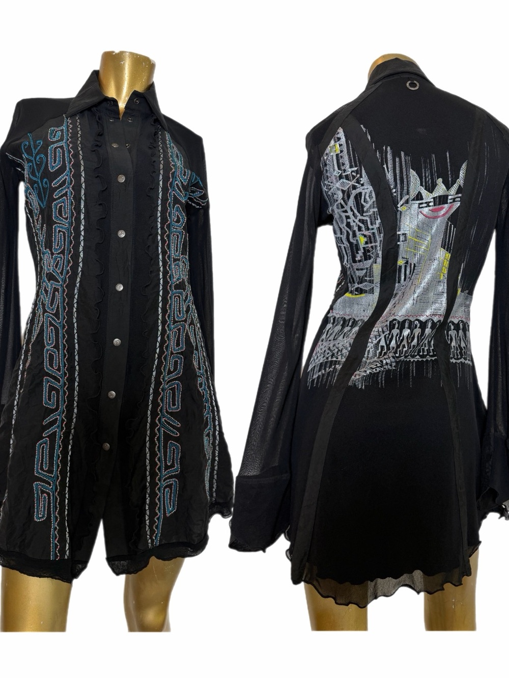 Save the Queen! Embroidered Art-to-wear Long sleeve mesh Mini Tunic Shirt Dress
